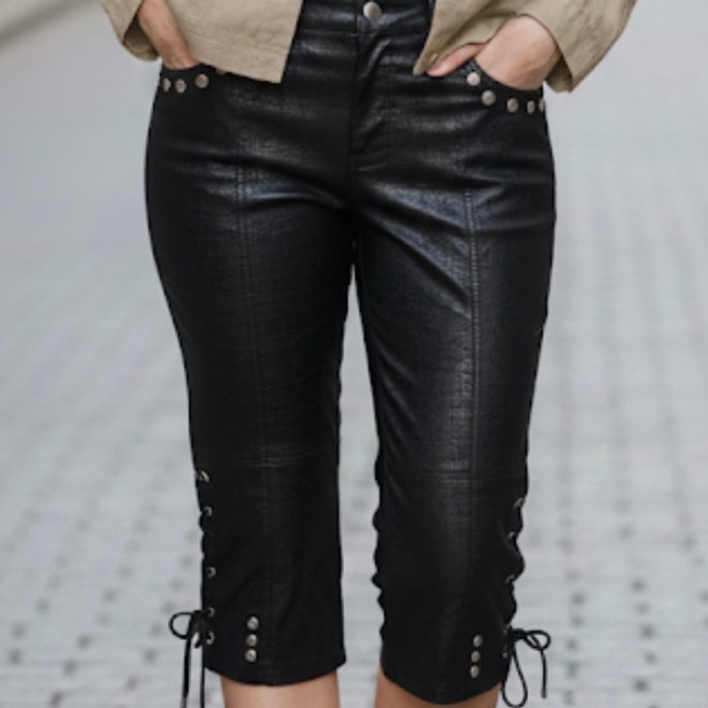 Black Metallic Coated Capris Rhinestone Detail Lace Up Crop Cargo Pants Y2K Styl